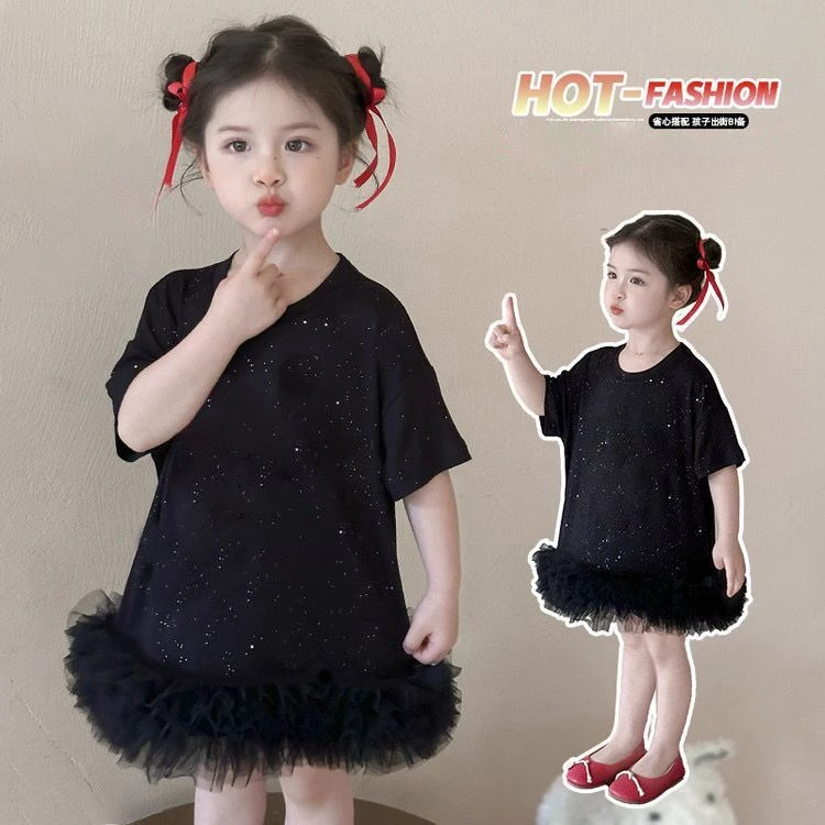 女童连衣裙夏季2025新款洋气小女孩甜美网纱拼接感短袖T恤公主裙