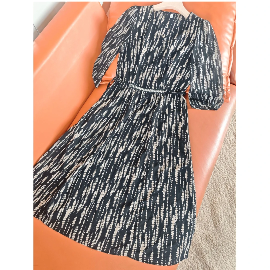 【SY310】高级感时尚女装2025年夏季新款V领系带收腰水墨连衣裙