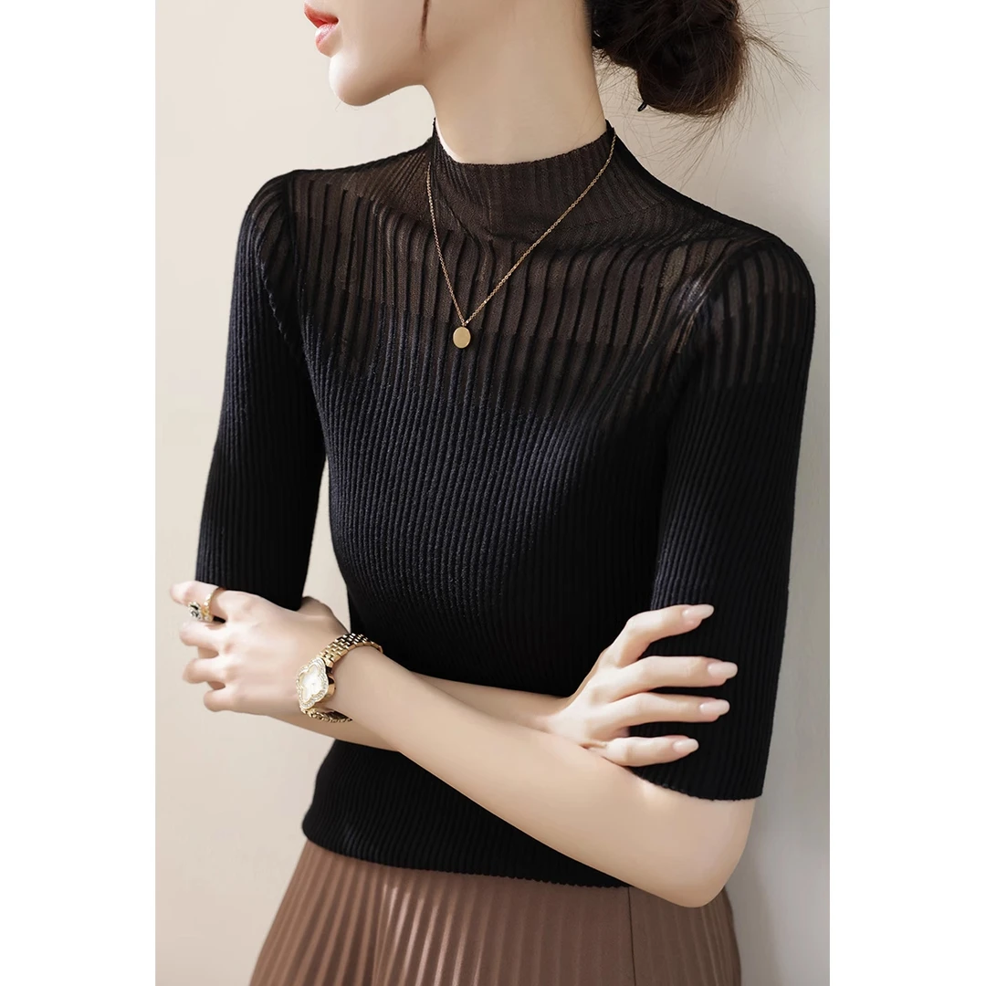 2025年早秋新款女装黑色半高领中袖针织衫修身蕾丝拼接打底上衣