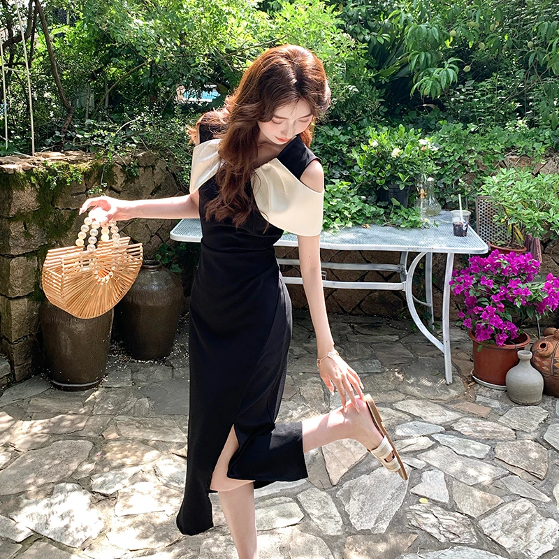 针织法式通勤女神范时尚拼色黑色收腰显瘦露肩感小黑裙长裙女夏季