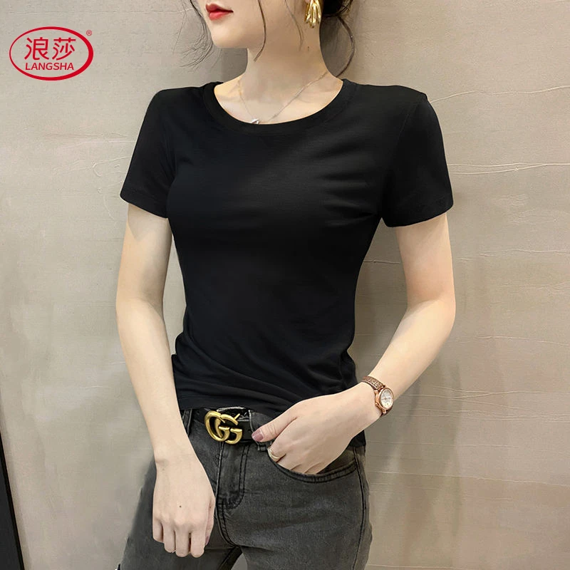 浪莎纯色圆领短袖T恤夏季新款修身百搭女装t恤修身百搭轻薄上衣