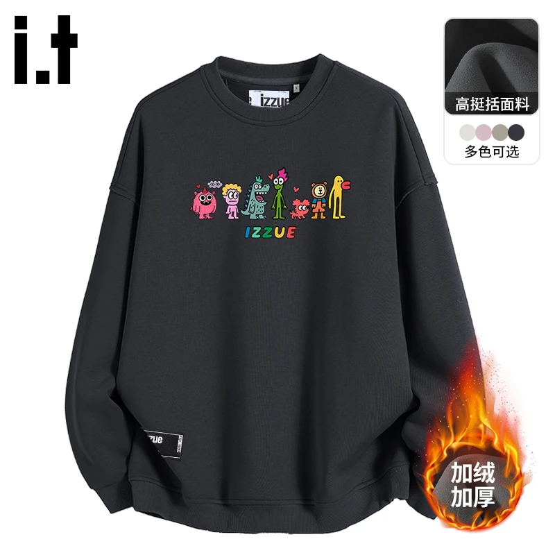 i.t izzue加绒卫衣男秋冬季潮牌黑色外套男圆领宽松oversize上衣B