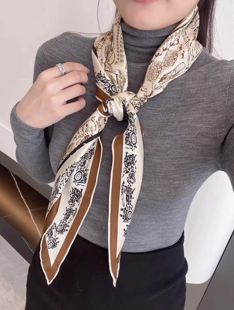 时尚菱形真丝丝巾女春秋季百搭桑蚕丝围巾长条装饰领巾百搭粗斜纹