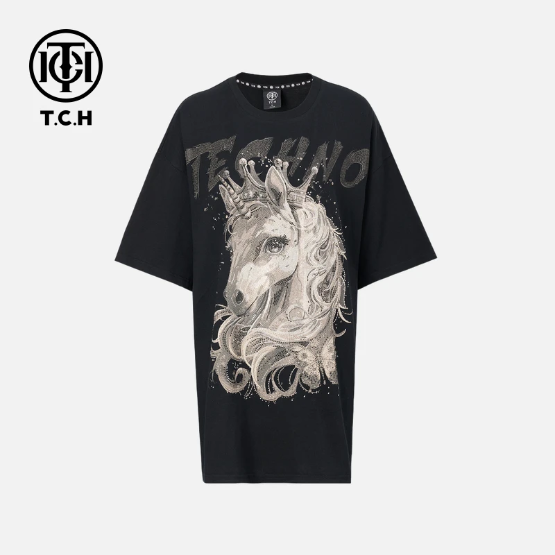 TCH-25早秋新款黑色连衣裙时尚潮牌圆领纯棉宽松天使梦幻独角兽