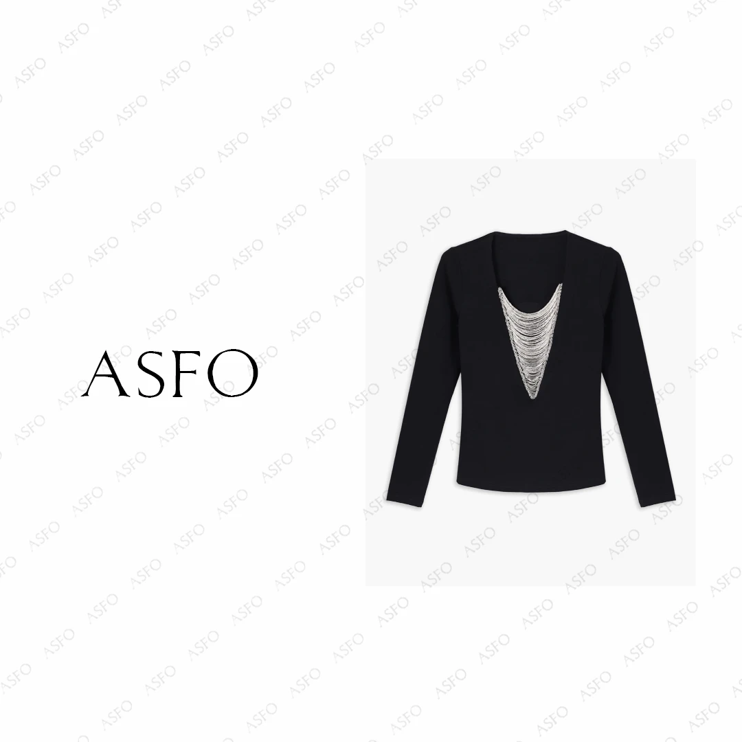 【AS流苏链】25新串珠v领撞色弹力修身气质百搭上衣AS25QZZ00493