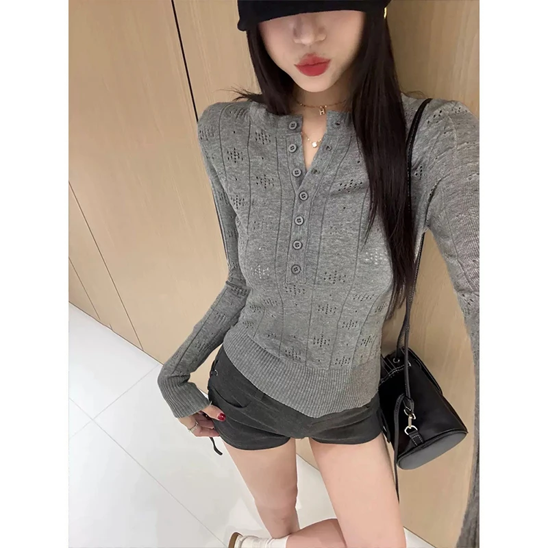 半开领纯色针织镂空薄款长袖女洋气复古上衣