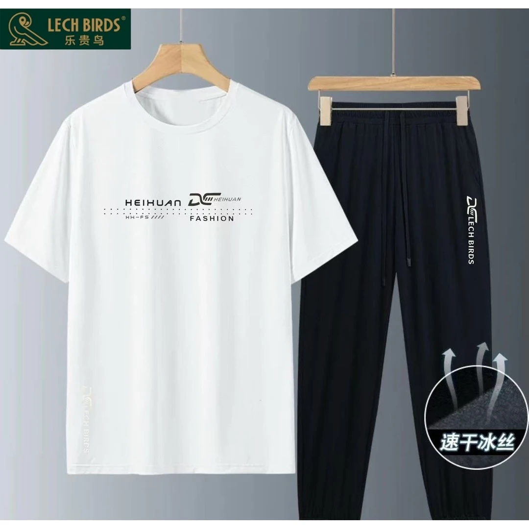 乐贵鸟男女同款夏季新款圆领短袖t恤运动冰丝凉感休闲套装-M
