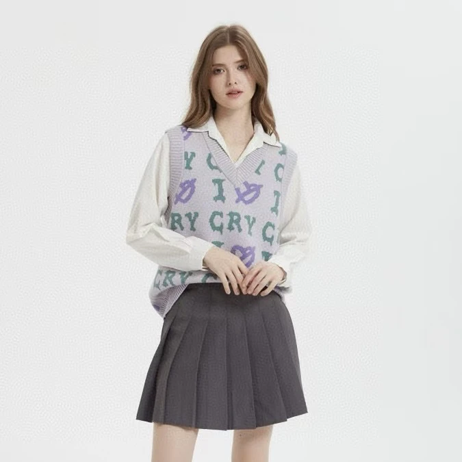 2510015V领提花针织马甲背心女学院风时尚25早秋新款