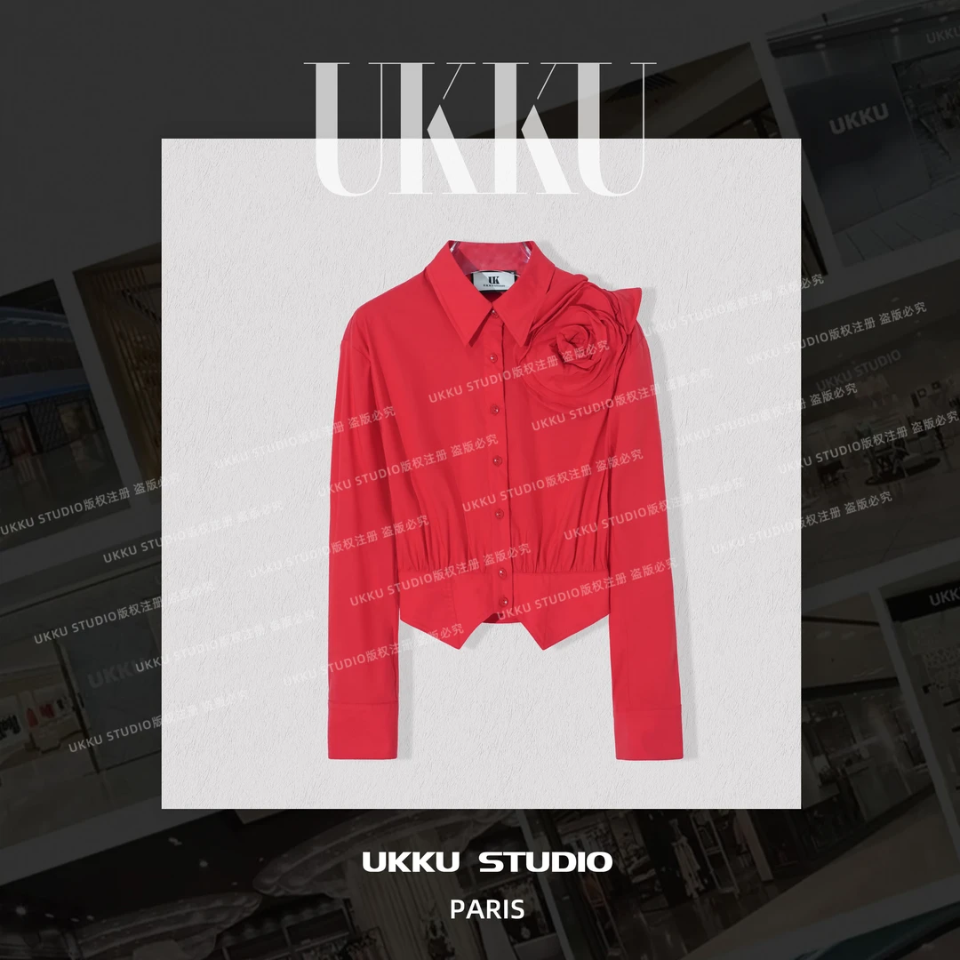 香【UKKUSTUDIO】新春显瘦气质时尚修身长袖红衬衫615512