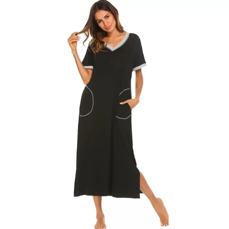 外贸订单！夏季宽松短袖休闲风拼接领口下摆开叉V领连衣裙ZJ544