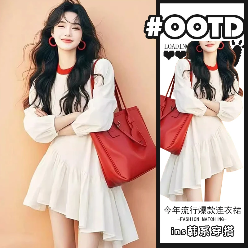 白色拼接不规则下摆连衣裙女2025春秋新款富家千金高级感显瘦裙子