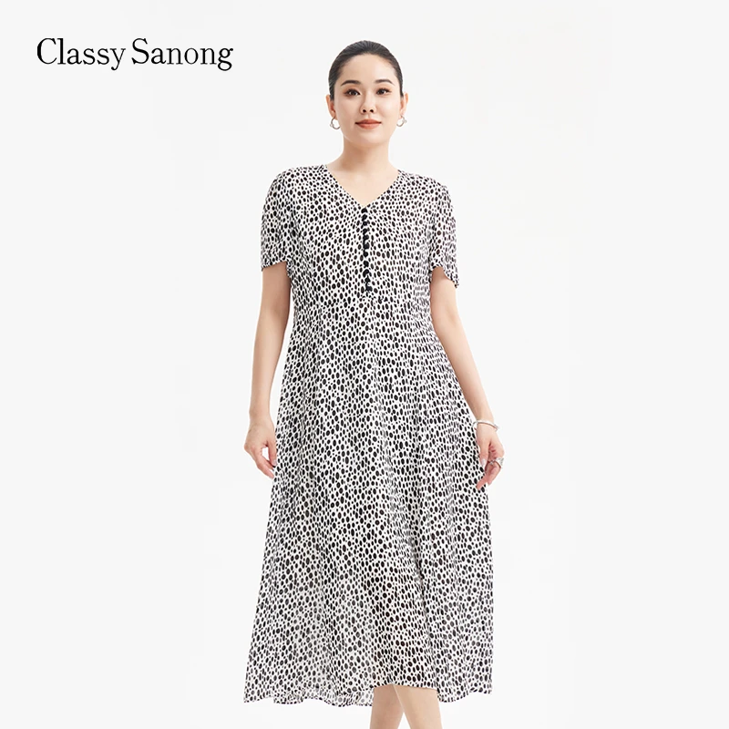 萨侬新款夏季休闲碎花气质V领波点连衣裙