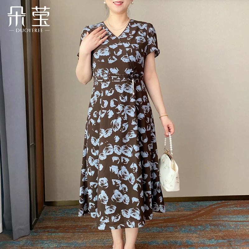 朵莹新款妈妈夏装连衣裙中年洋气短袖中老年女装印花长裙子25A-59