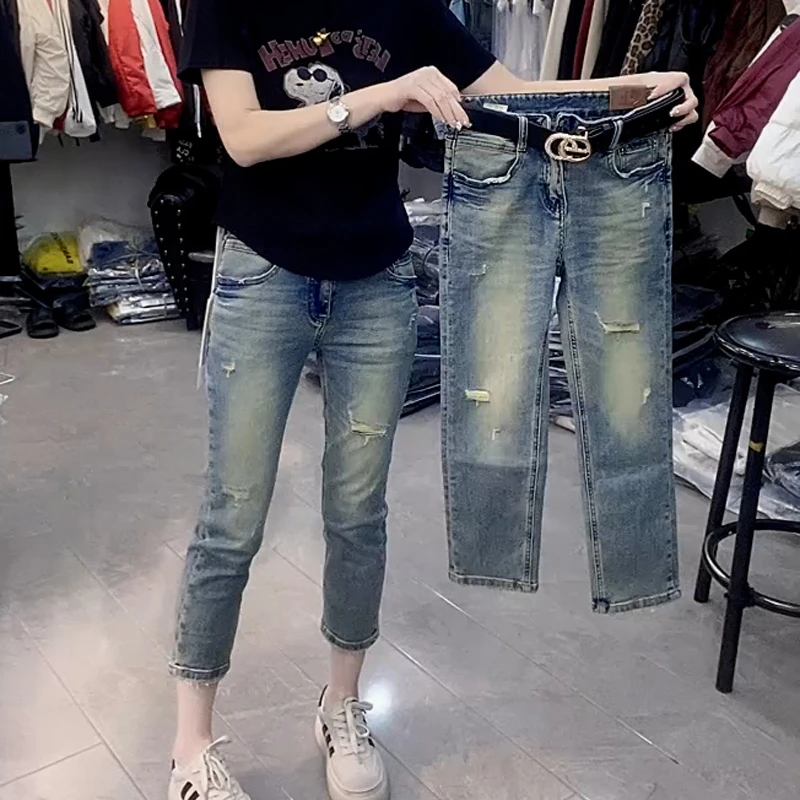 2025新款蓝色破洞直筒牛仔裤女夏季薄款弹力显瘦高腰八分烟管裤