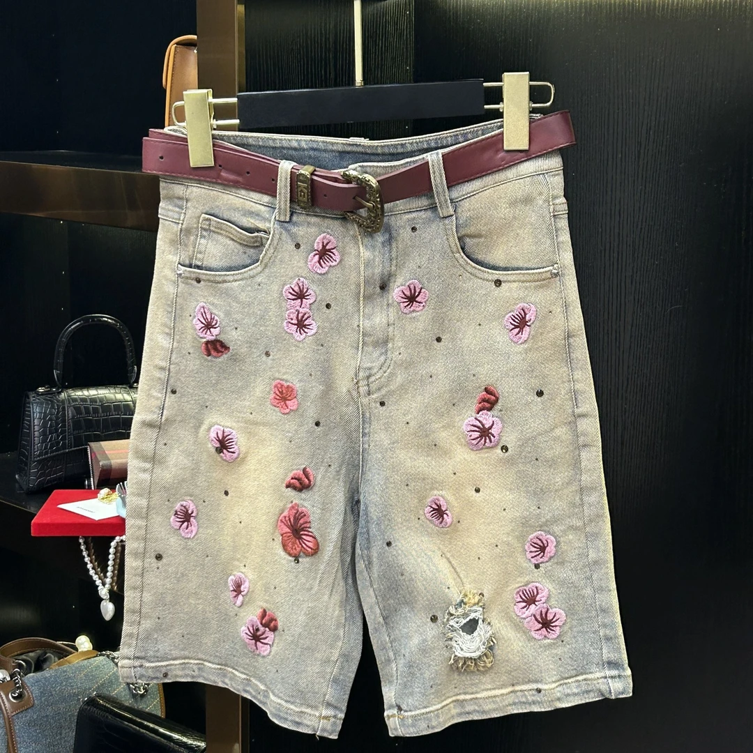 【夏夏专属】五彩斑斓樱花刺绣牛仔短裤女高腰显瘦时尚短裤 1322