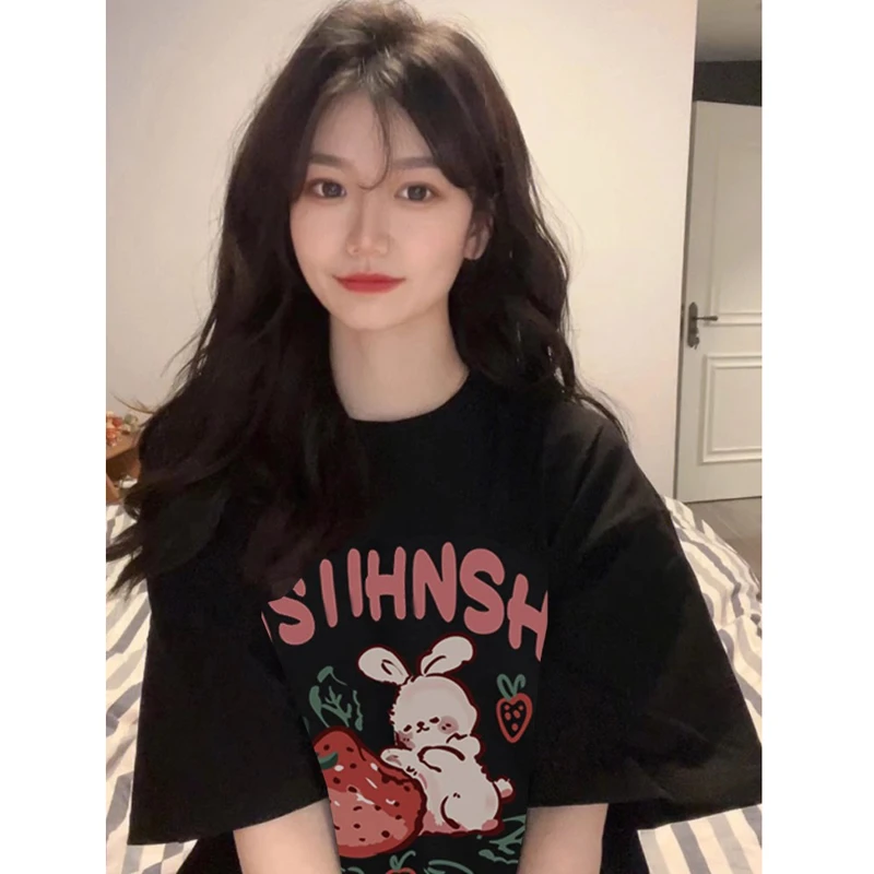 甜美正肩短袖t恤女夏季纯棉质感设计感小众减龄可爱兔子印花上衣