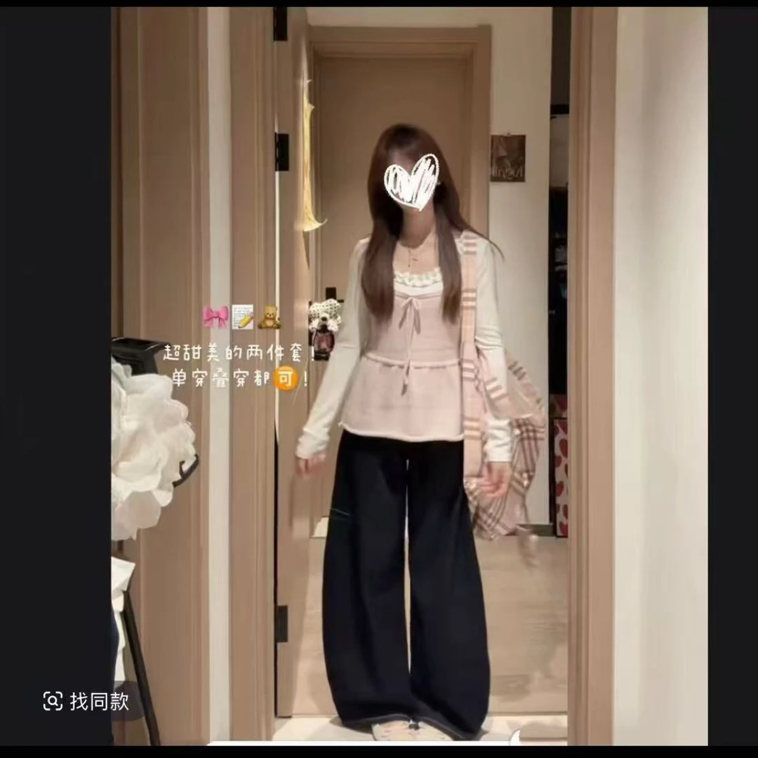 大码胖mm韩系圆领镂空长袖打底衫早秋新款叠穿撞色吊带上衣两件套