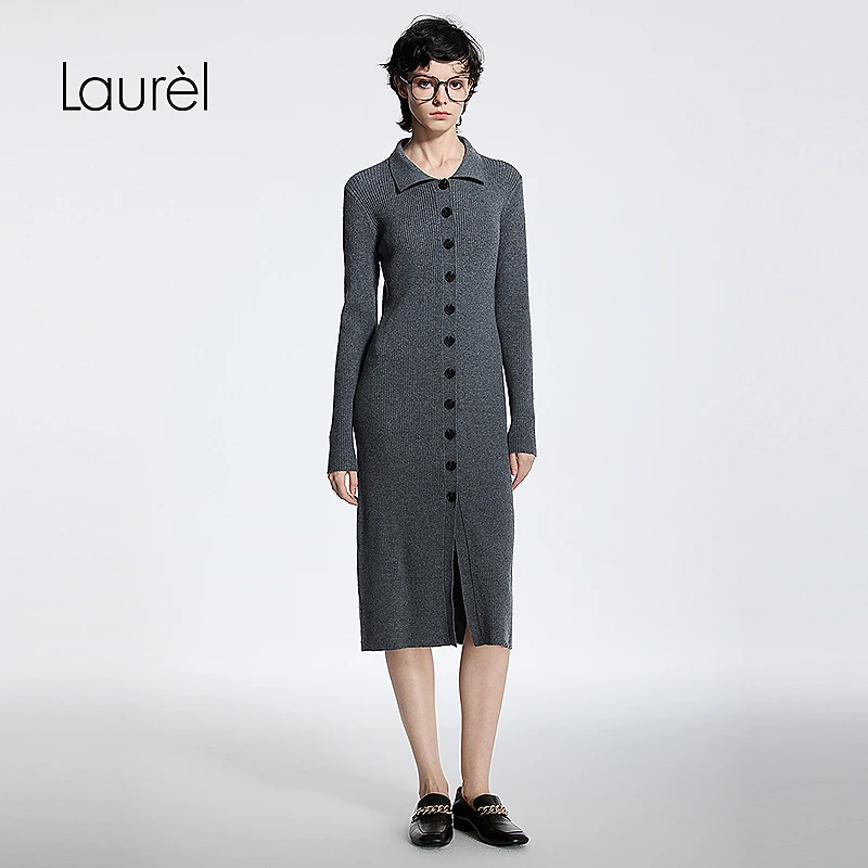【粉丝专享】Laurel25秋款衬衫领单排扣针织连衣裙女LWD363M04000