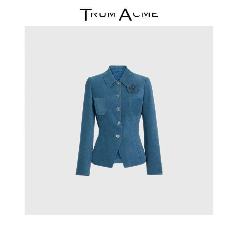TrunAcme~‘璀璨工坊’绒光湖水蓝小翻领西装外套时尚收腰高级成衣