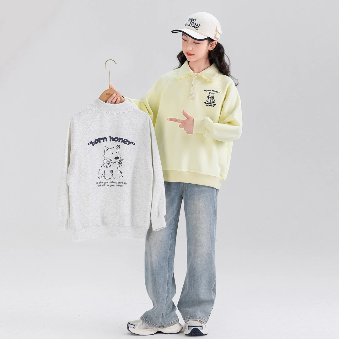 女童卫衣秋款2025新款儿童洋气休闲中大童宽松Polo领上衣Q62159