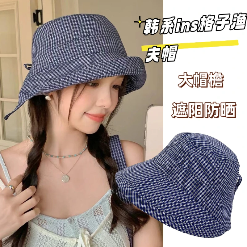 韩国新款春夏复古格子渔夫帽女大檐遮阳防晒盆帽显脸小轻薄太阳帽