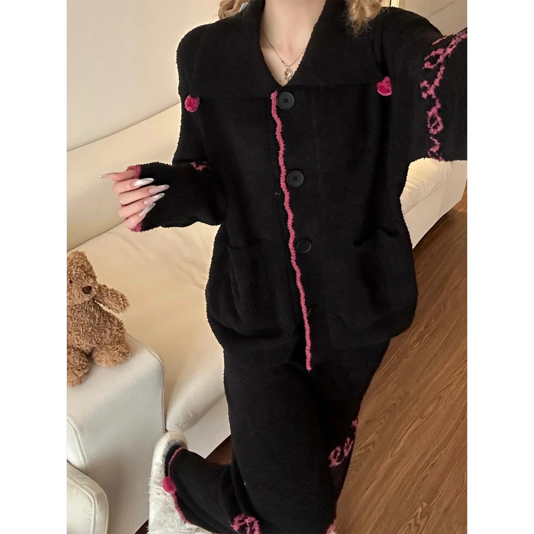 黑色半边绒睡衣女款秋冬新款大码翻领开衫撞色边条保暖家居服套装