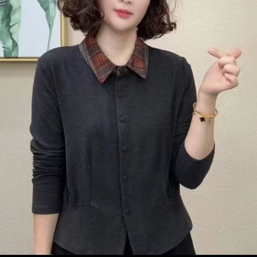 冬季新款时尚长袖翻领打底衫双面澳绒T恤女开扣法式百搭褶皱小衫