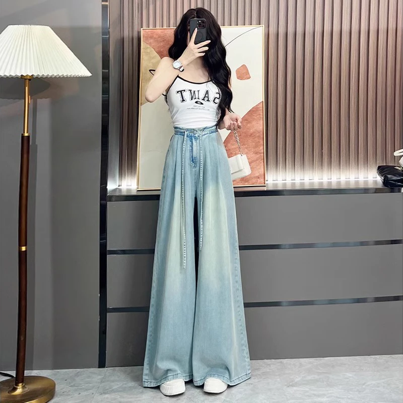 天丝阔腿牛仔裤女2025年春夏新款薄款时尚高街复古喇叭直筒裤子女