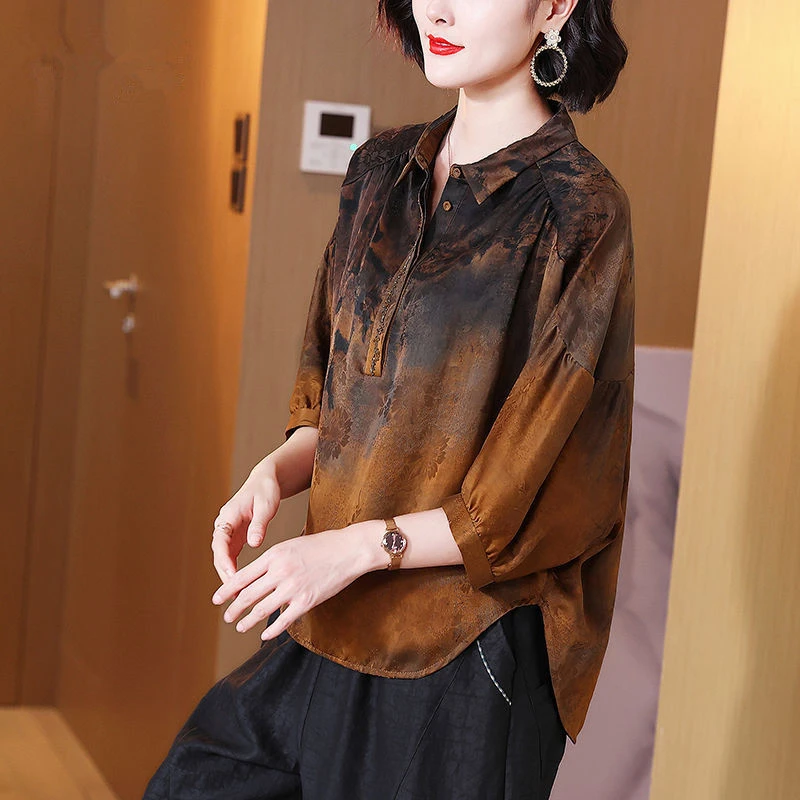 2025香云纱气质上衣秋季新款气质优雅高档桑蚕丝宽松遮肉中式小衫