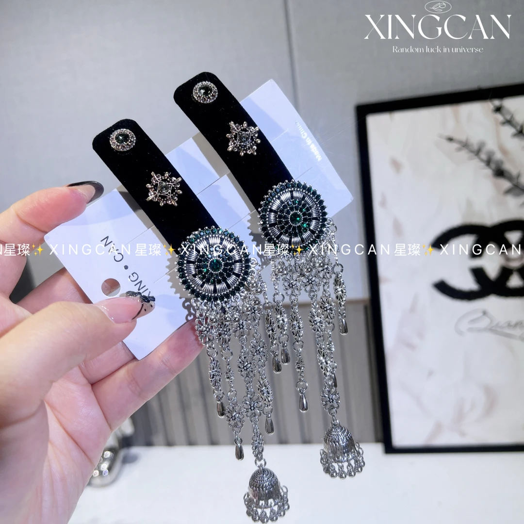 女花朵镶钻铃铛流苏发夹边夹复古民族风侧边刘海夹气质发卡头饰