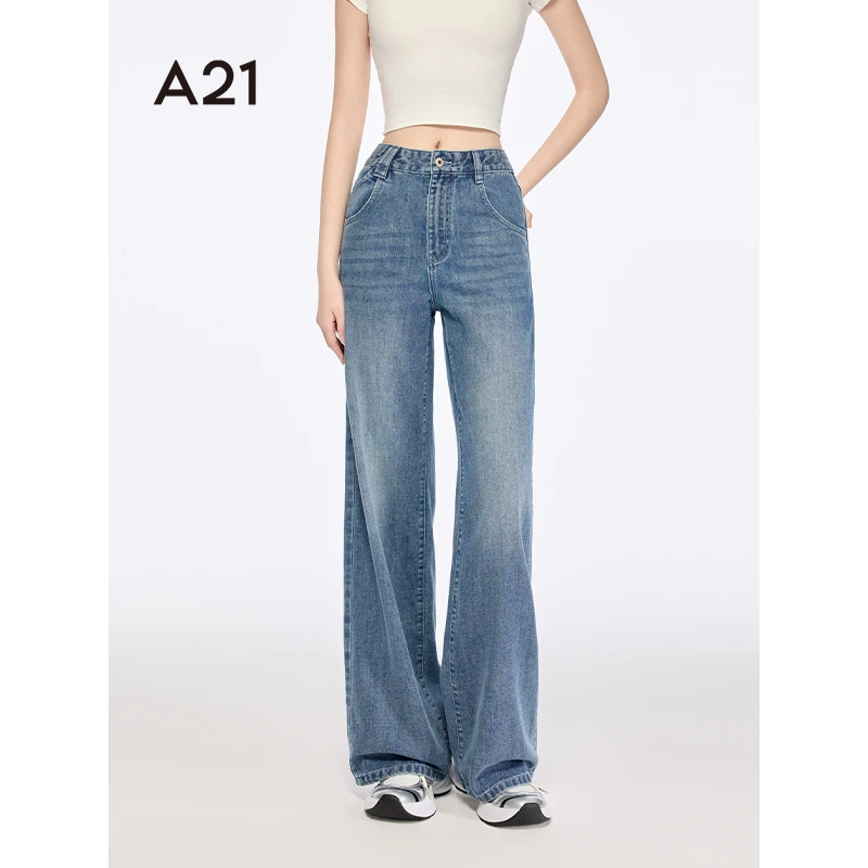 A21女装高腰显瘦阔腿直筒牛仔裤F452226056