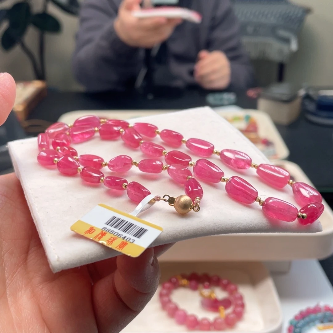 18K金镶嵌碧玺项链荧光色桃粉碧玺原石9M