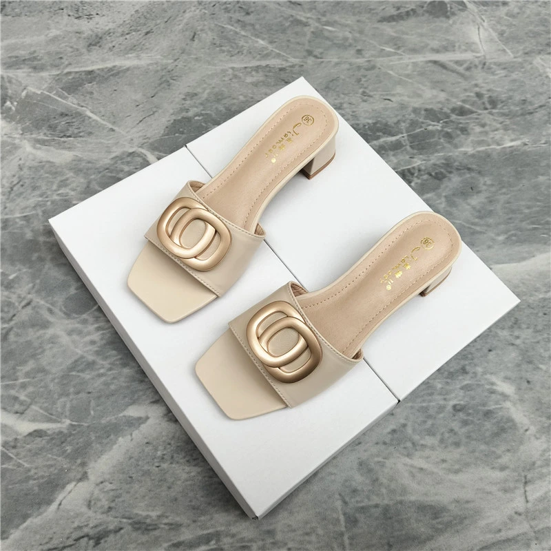 露趾一字拖鞋女2025夏季新款百搭粗跟中跟时尚舒适外穿性感凉拖鞋