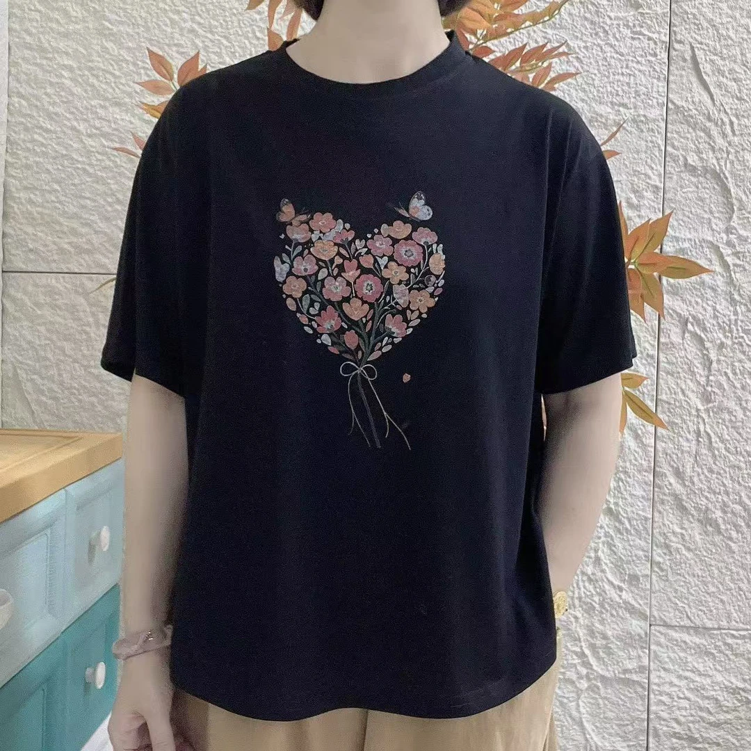 筱馥桂原创蝶恋花D5757圆领印花雪花棉短袖T恤