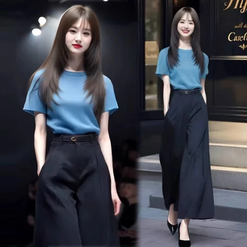 拉夏贝尔时尚套装女2025夏新款洋气短袖T恤高腰阔腿裤气质两件套
