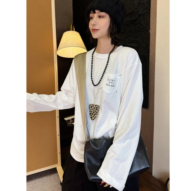 HY1987百搭宽松大码纯棉拼接袖口口袋T恤白色内搭长袖设计感休闲