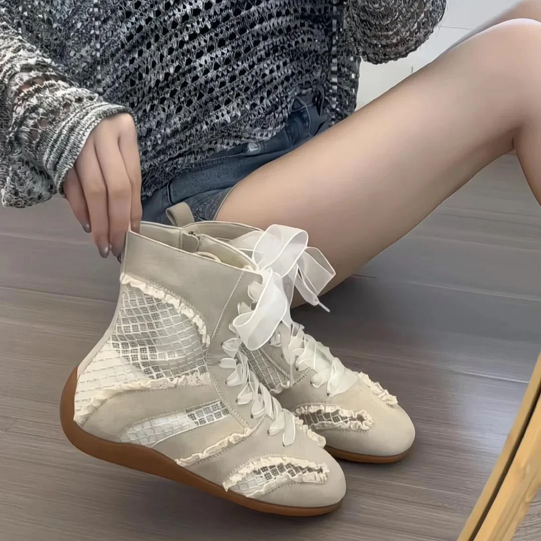 牛皮版~内增高德训靴小众蕾丝高帮拳击靴女透气网靴马丁靴短靴女