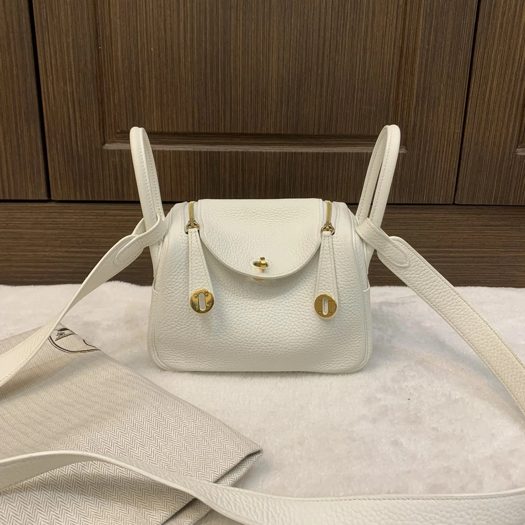 99新 Hermes/爱马仕 新白色金扣mini Lindy B刻/二奢