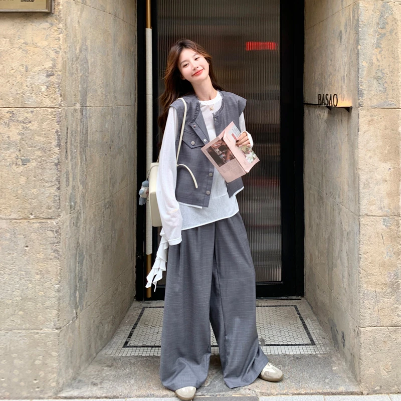 简约通勤松弛感马甲T恤阔腿裤2025春秋新款韩系学院风ins风三件套