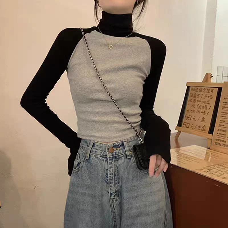 高领T恤女春季韩版2025新款插肩袖撞色修身显瘦短款长袖打底