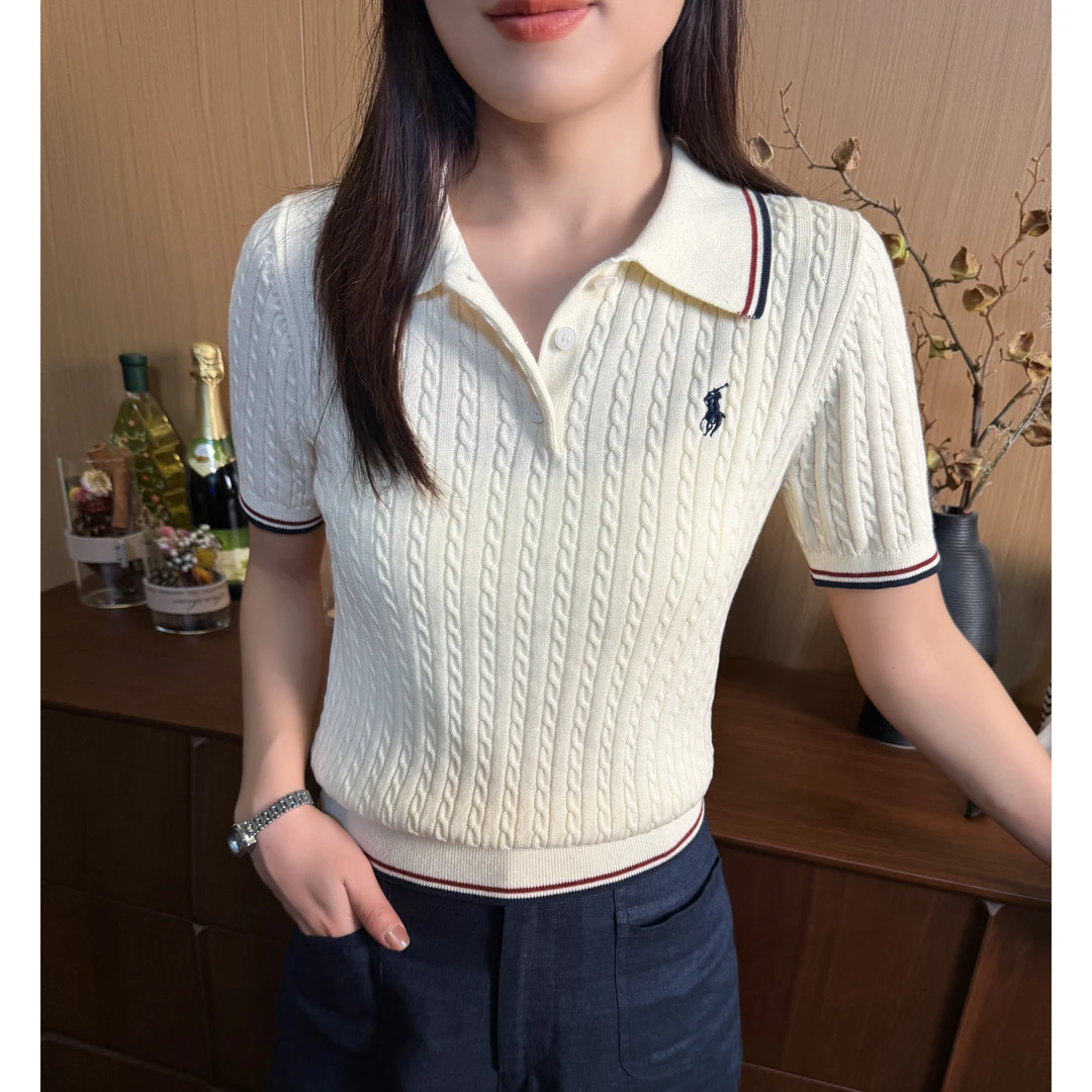 Yihouse【100%精梳棉】老钱感撞色POLO领麻花针织短袖上衣Y828