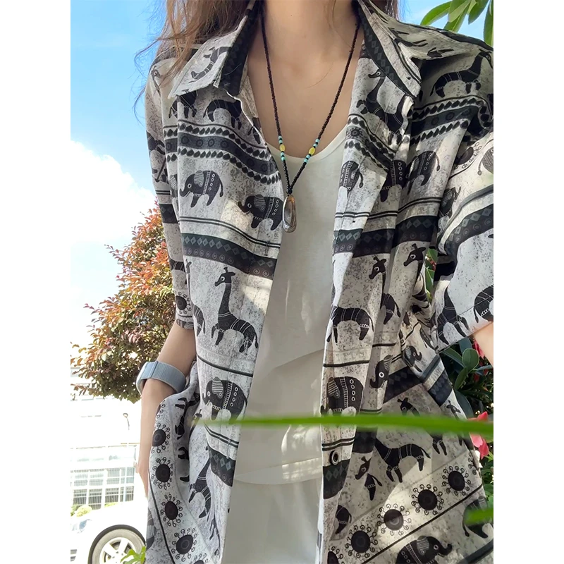 美式复古小众设计感衬衫男款夏季冰丝垂感短袖潮牌vibe满印衬衣