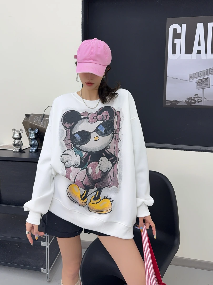 2025新款卡通大猫印花慵懒感大版遮屁股百搭显瘦长袖款0905