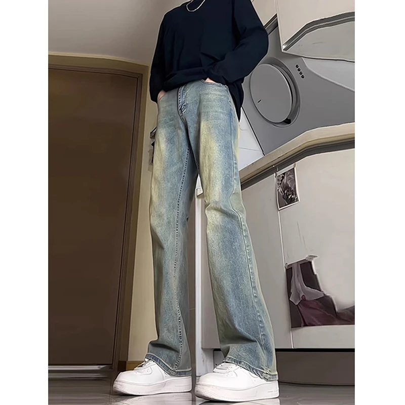 复古蓝弯刀微喇牛仔裤男青少年痞帅高级感裤子美式vibe窄版直筒裤