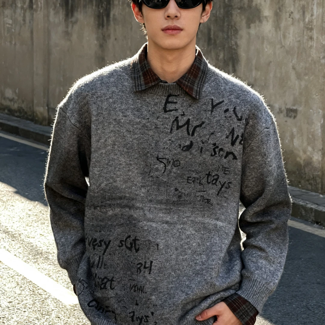 印花提花长袖冬季秋季毛针织衫秋冬休闲翻领百搭毛衣圆领厚款针织