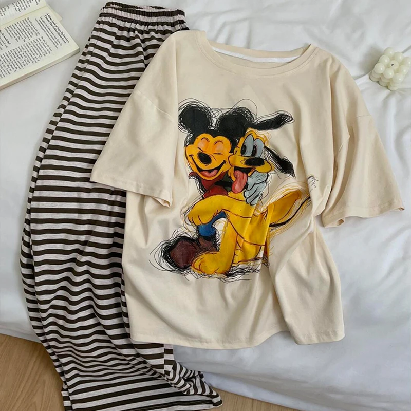 小众睡衣女夏季夏季米奇条纹印花圆领短袖长裤宽松慵懒风卡通套装