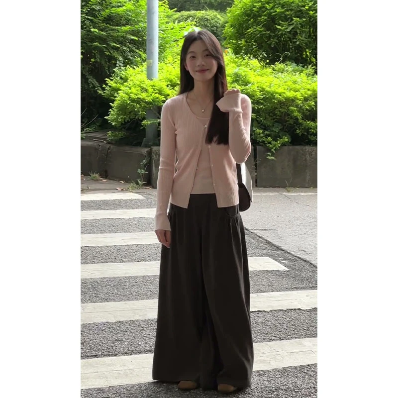 2025早秋新款韩系穿搭长袖针织开衫修身吊带背心气质高腰阔腿长裤