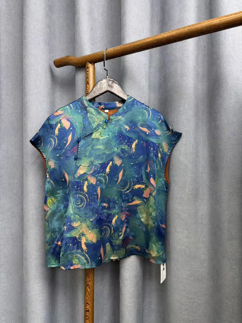 2025夏季新款时尚简约新中式桑蚕丝香云纱奥黛提花上衣女H2272