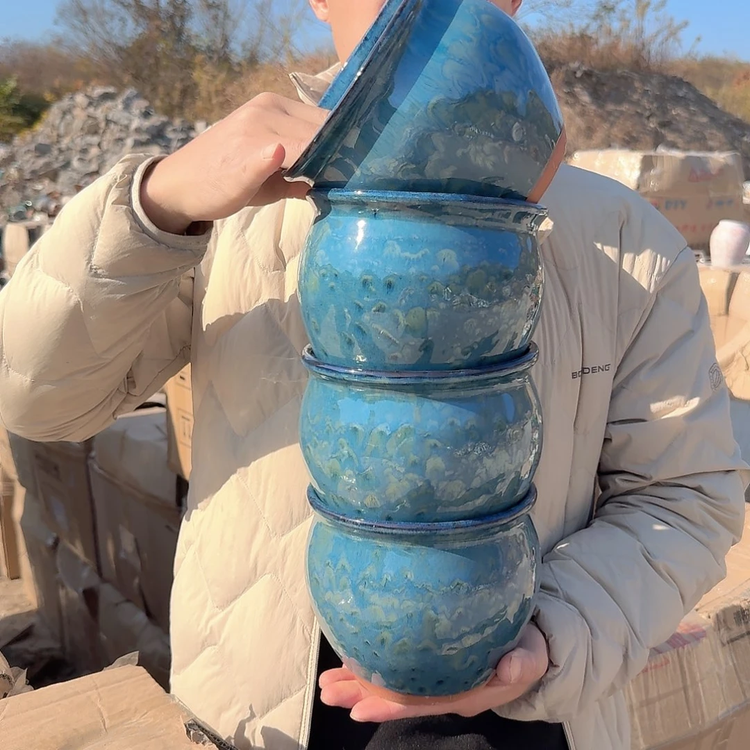 紫砂花盆口15高14（四个蓝雪花