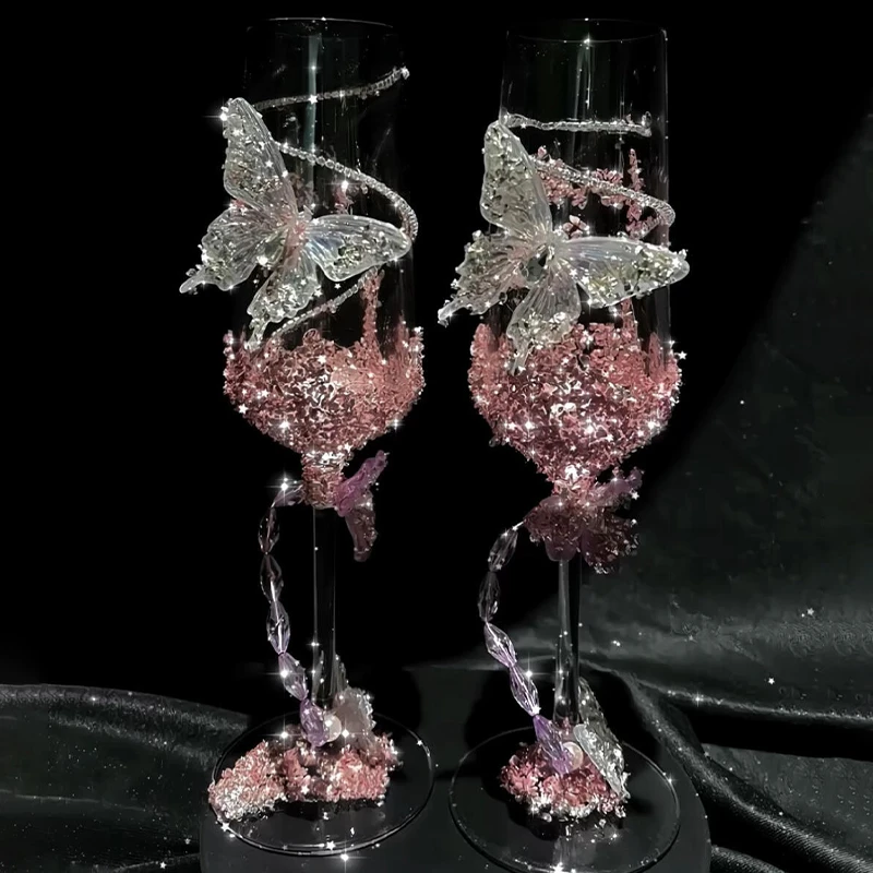 小众粉色碎钻结婚敬酒杯diy材料包香槟杯子一对订婚新婚礼物圣诞